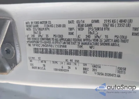 2014 Ford Escape Se z USA, uszkodzony, nr VIN 1FMCU9G95EUC82688